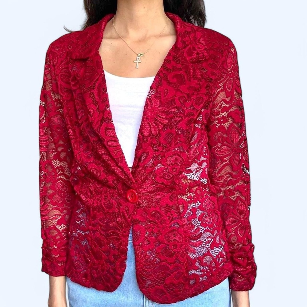 Fashion Magazine Red Lace Blazer